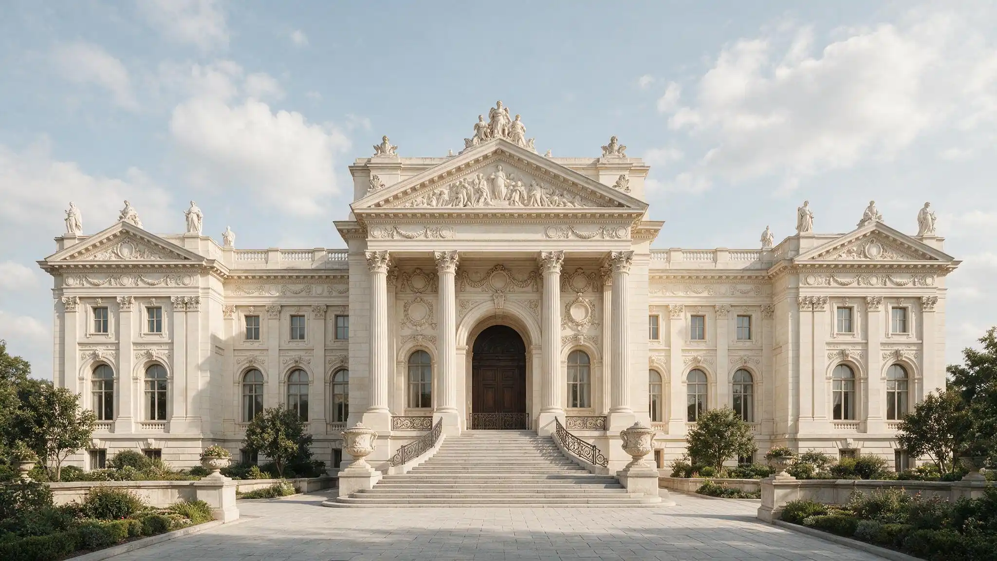 White Beaux Arts mansion with grand central stairs classical columns arched windows pediments statues and formal gardens