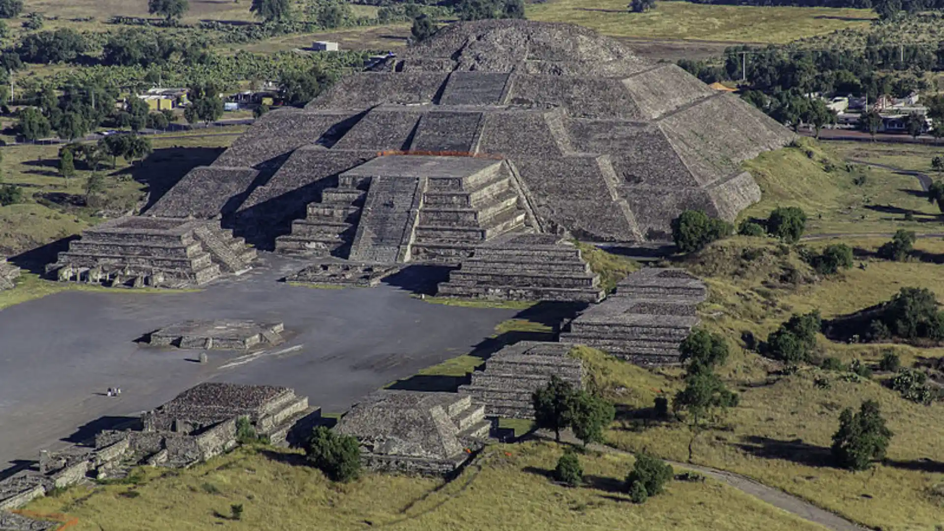 Aerial view of the Pyramid of the Moon and plaza at Teotihuacan, Mexico.