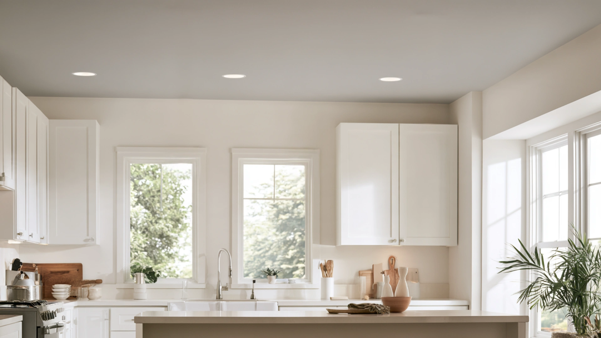 Bright white kitchen with light gray ceiling white cabinets large windows island and green indoor plant.
