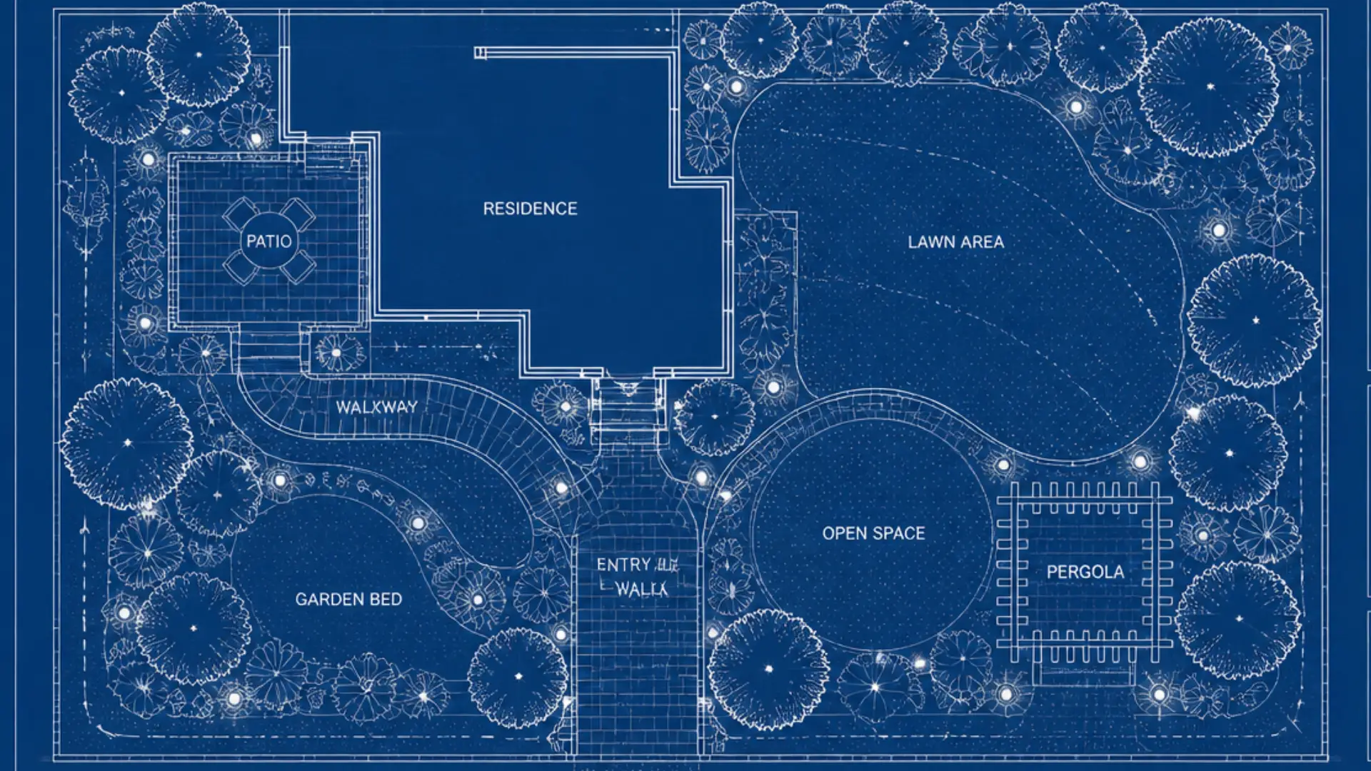 Landscape architectural blueprint showing a residence lawn garden beds curved walkways patio pergola trees and open spaces