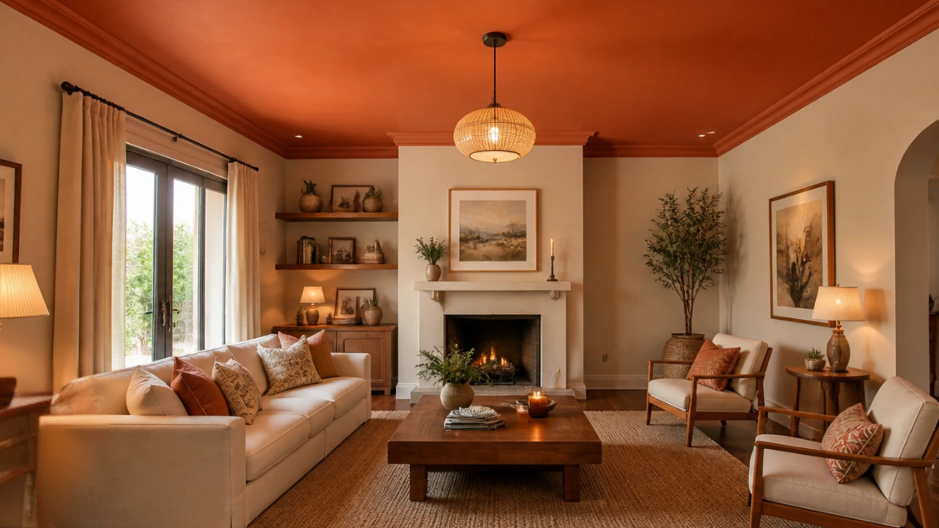 Warm living room with burnt orange ceiling cream seating wooden furniture fireplace and soft ambient lighting.