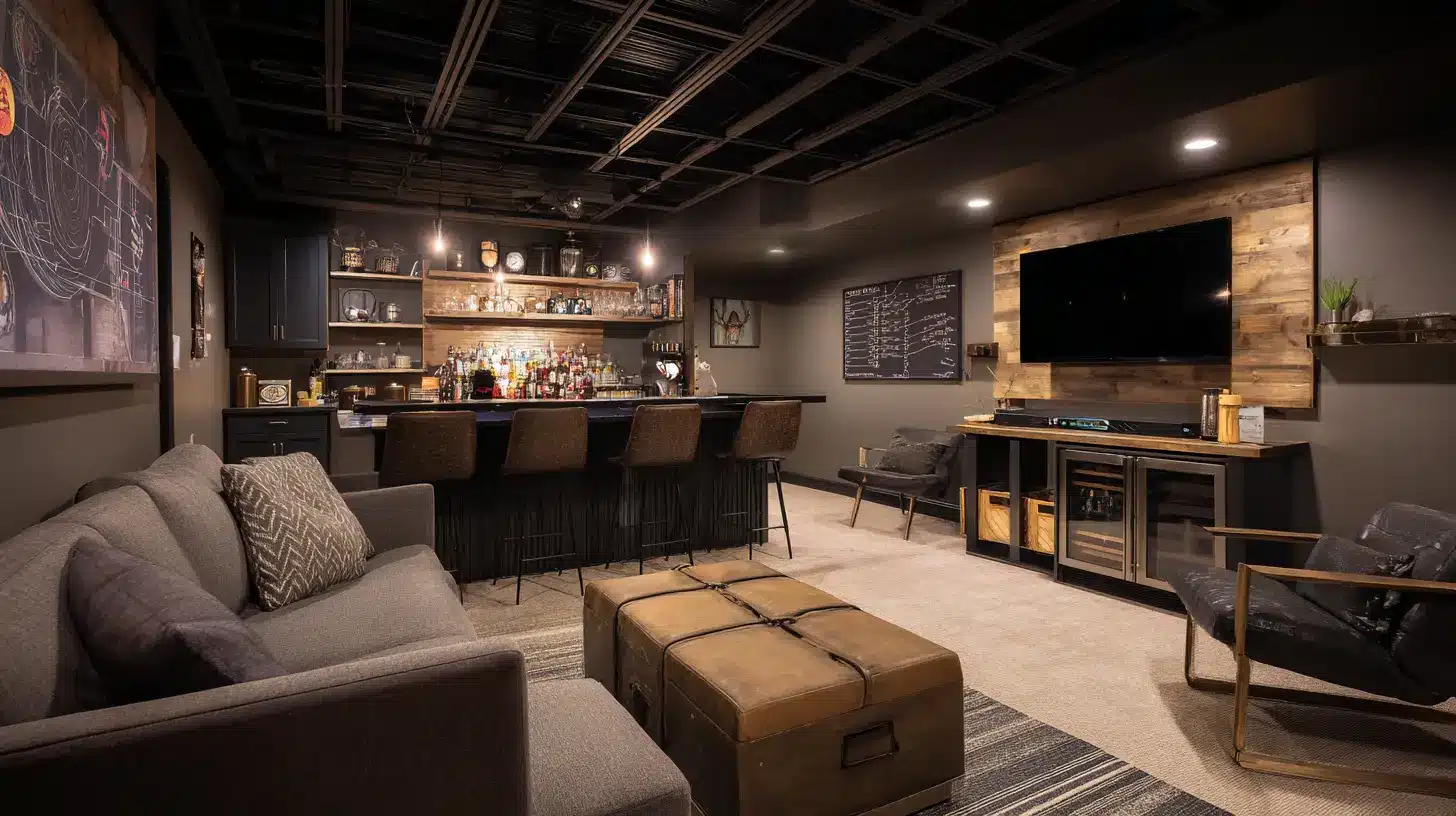 Man cave bar and lounge with a built in bar stools TV leather seating and warm lighting