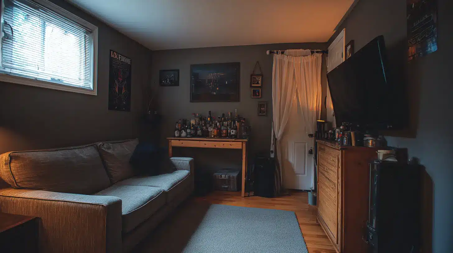 Man cave with a comfortable sofa large wall mounted TV wooden bar cabinet and dark walls with warm lighting and entertainment decor