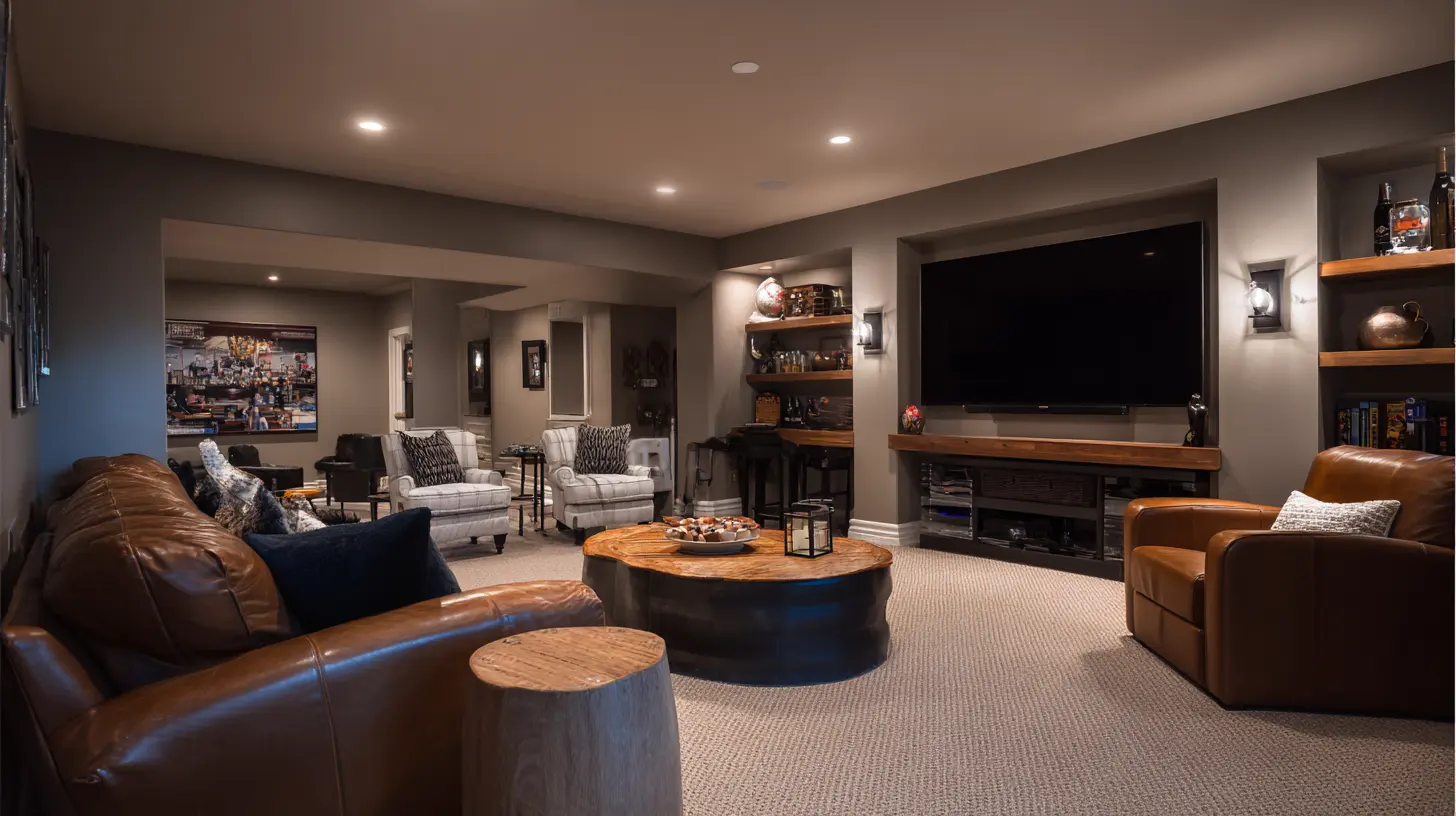 Man cave setup with leather seating a large TV wooden coffee table and built in storage shelves