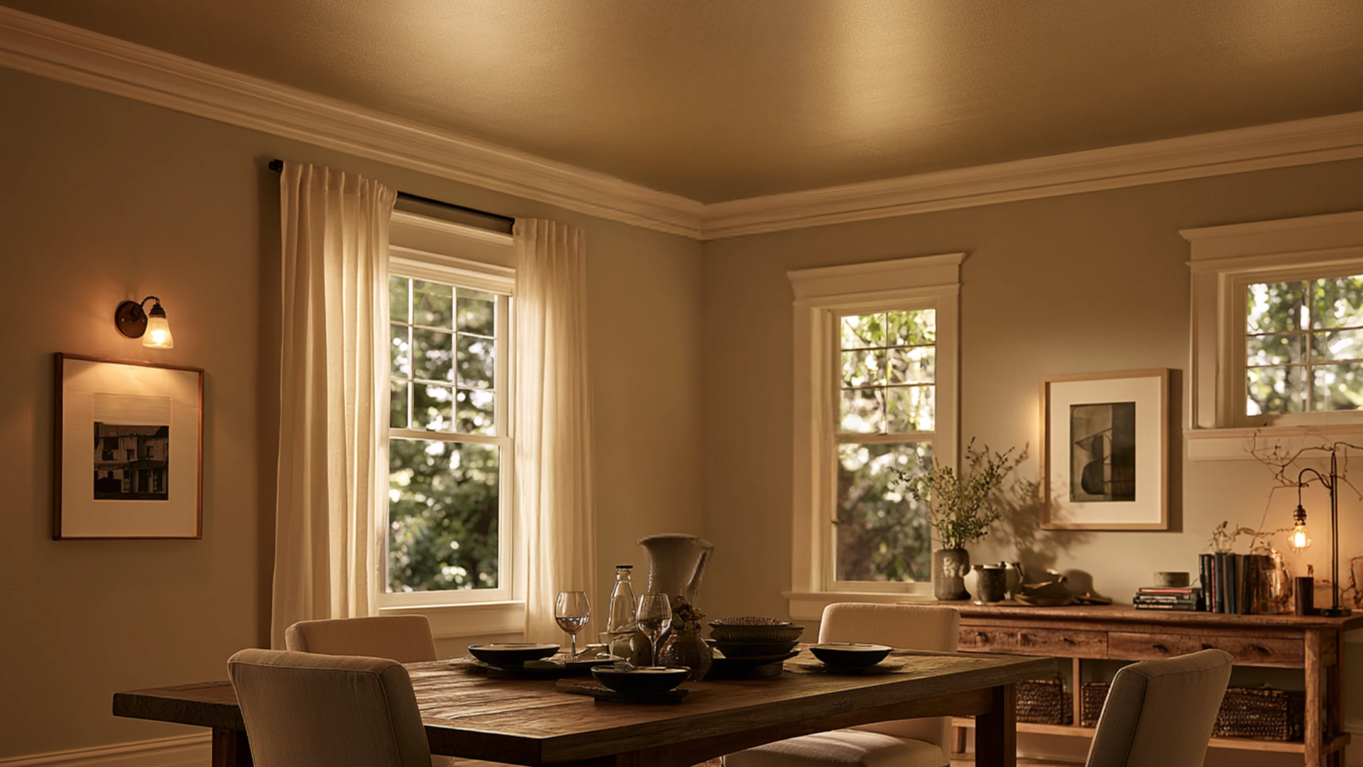 Warm dining room with metallic gold ceiling rustic wooden table cream chairs and soft ambient lighting.