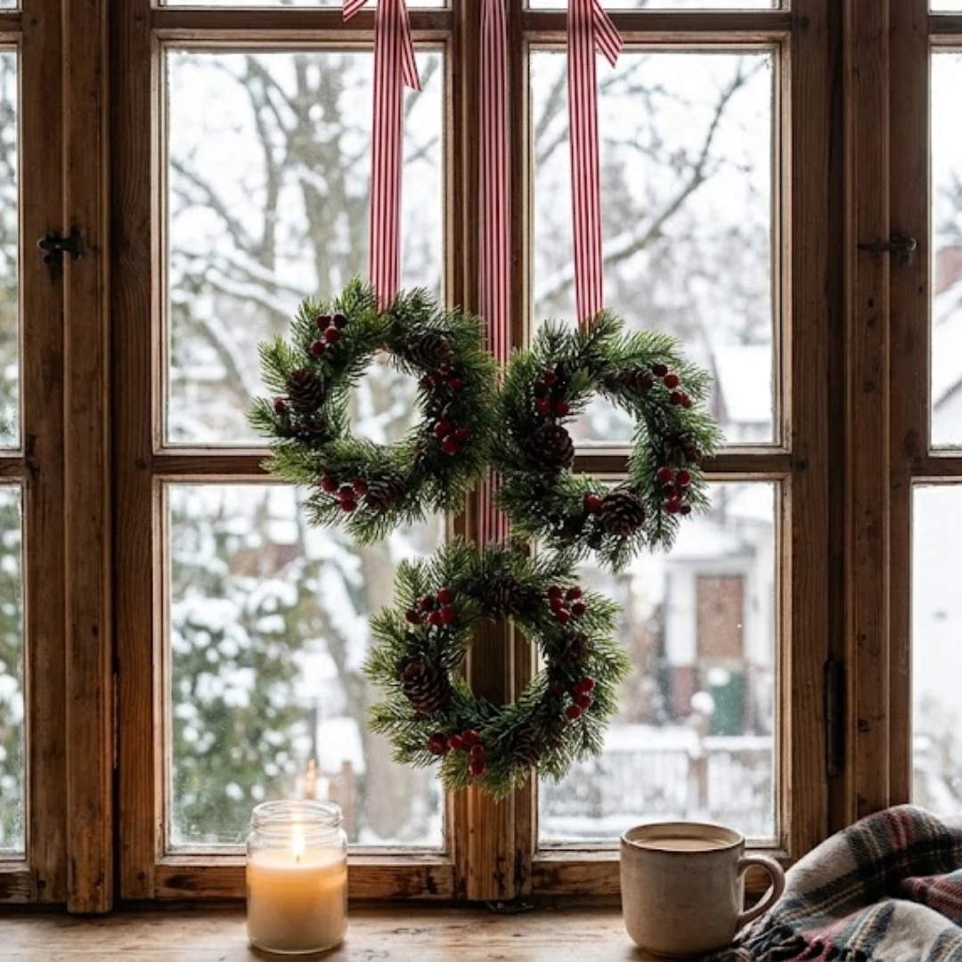 Three mini evergreen wreaths with red berries and pine cones hang by striped ribbons in a wooden window overlooking a snowy winter scene.