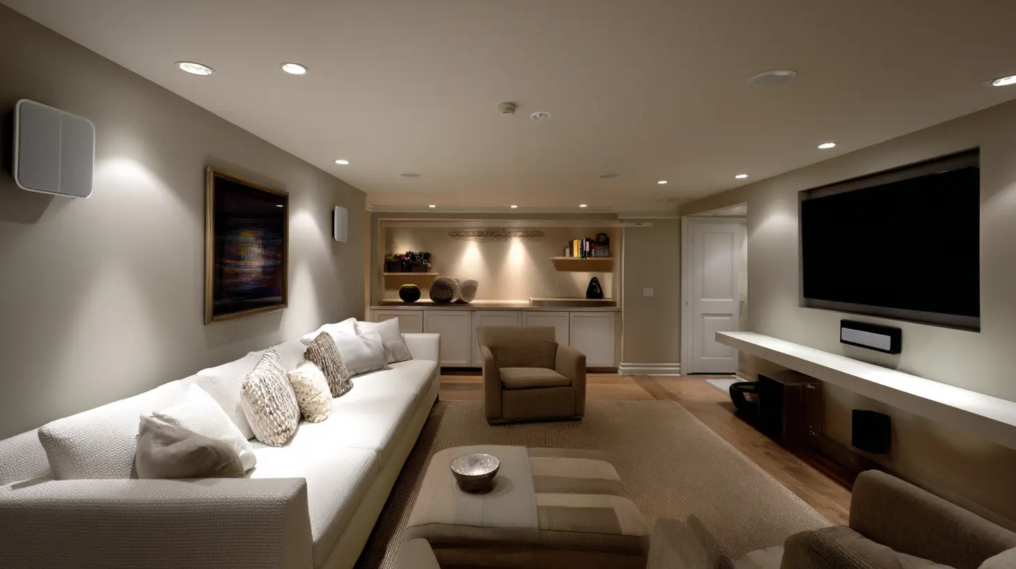 Modern man cave with neutral furniture large TV sectional sofa and clean built in shelving