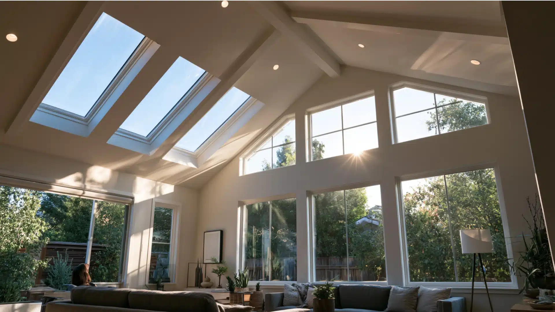 Bright living room with multiple skylights and windows, creating a warm and inviting atmosphere filled with natural light.