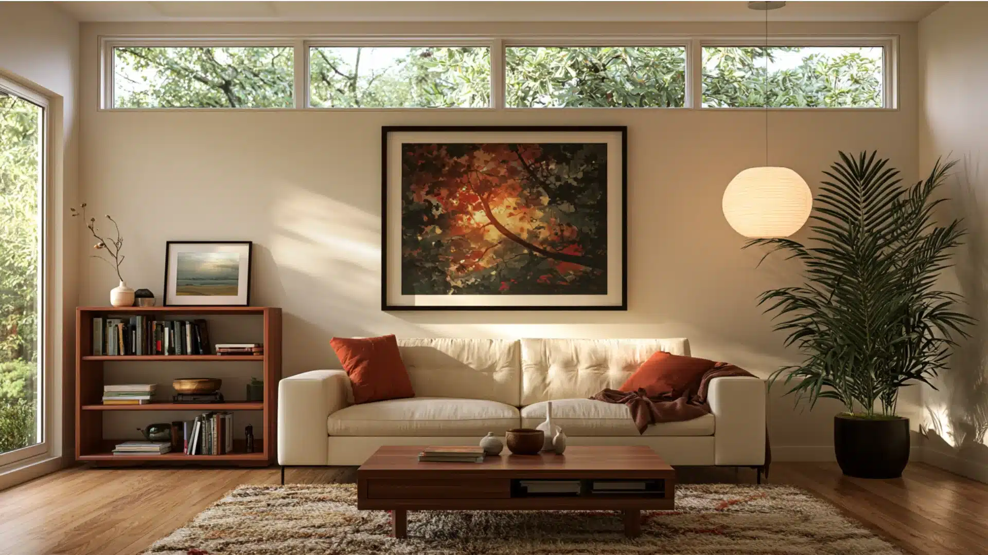 Modern room with high above a furnished wall with a sofa, artwork, and shelving.