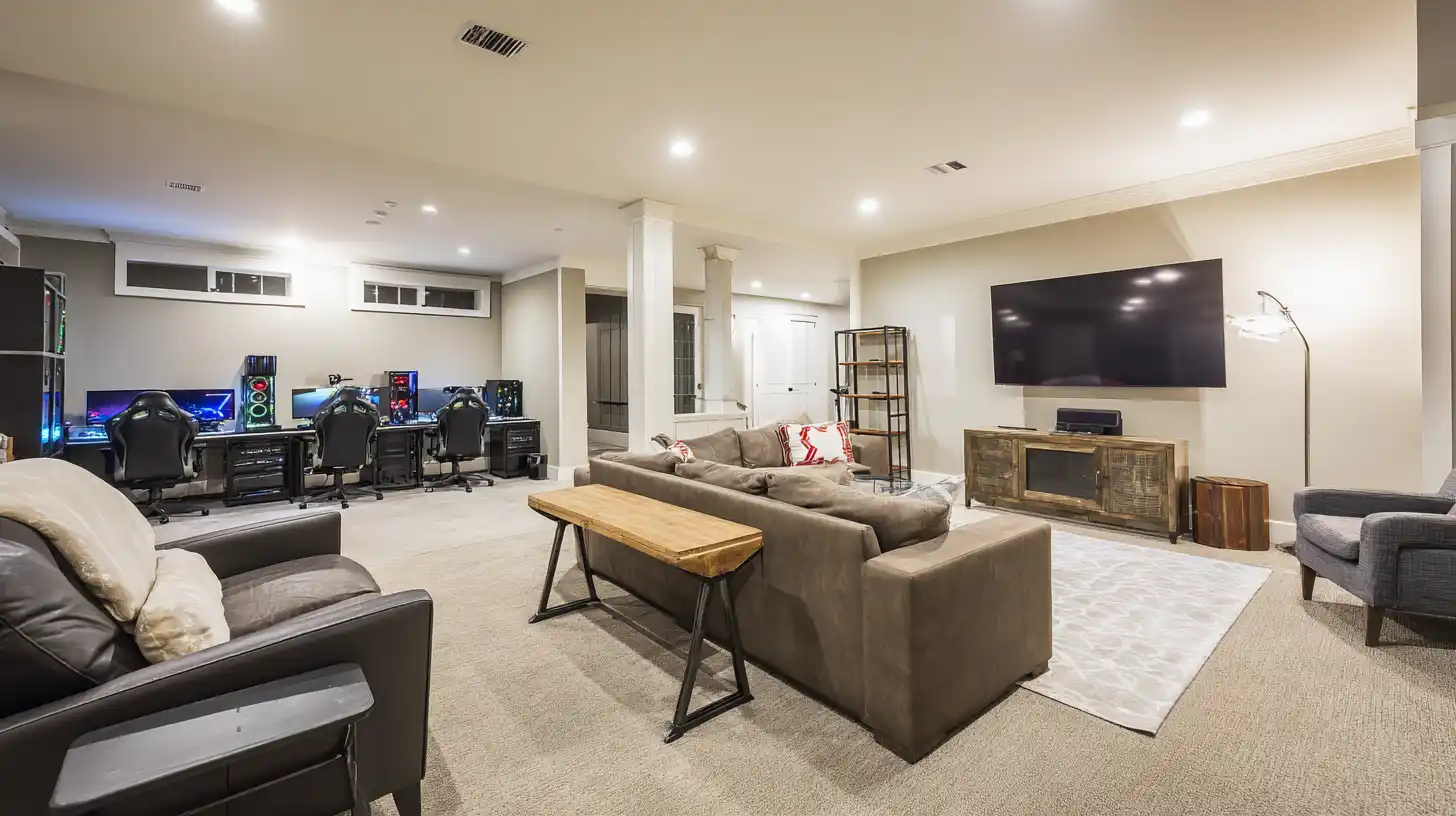 Multi purpose man cave with gaming computers sectional seating TV and entertainment space