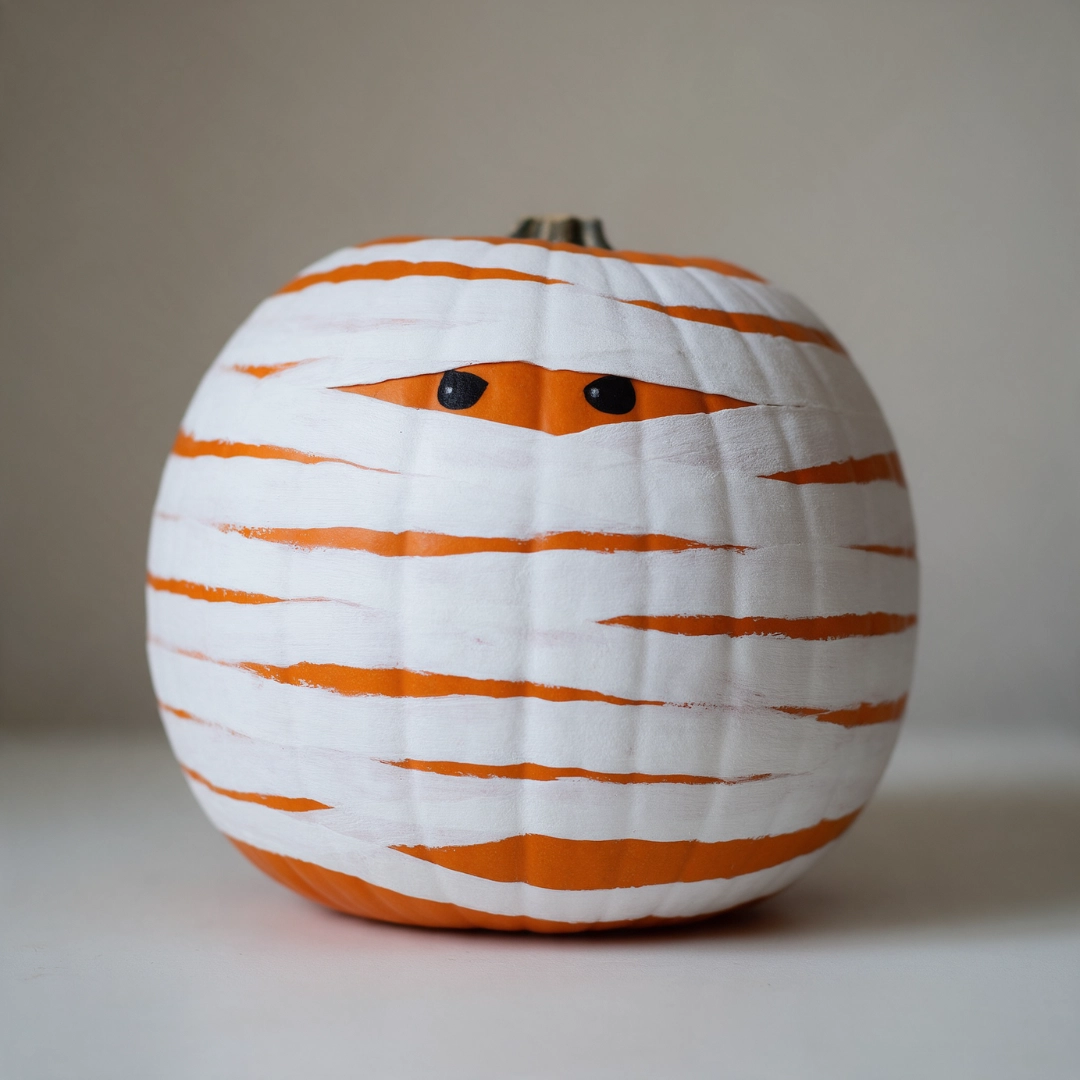Orange pumpkin painted with white horizontal stripes to resemble a wrapped mummy.