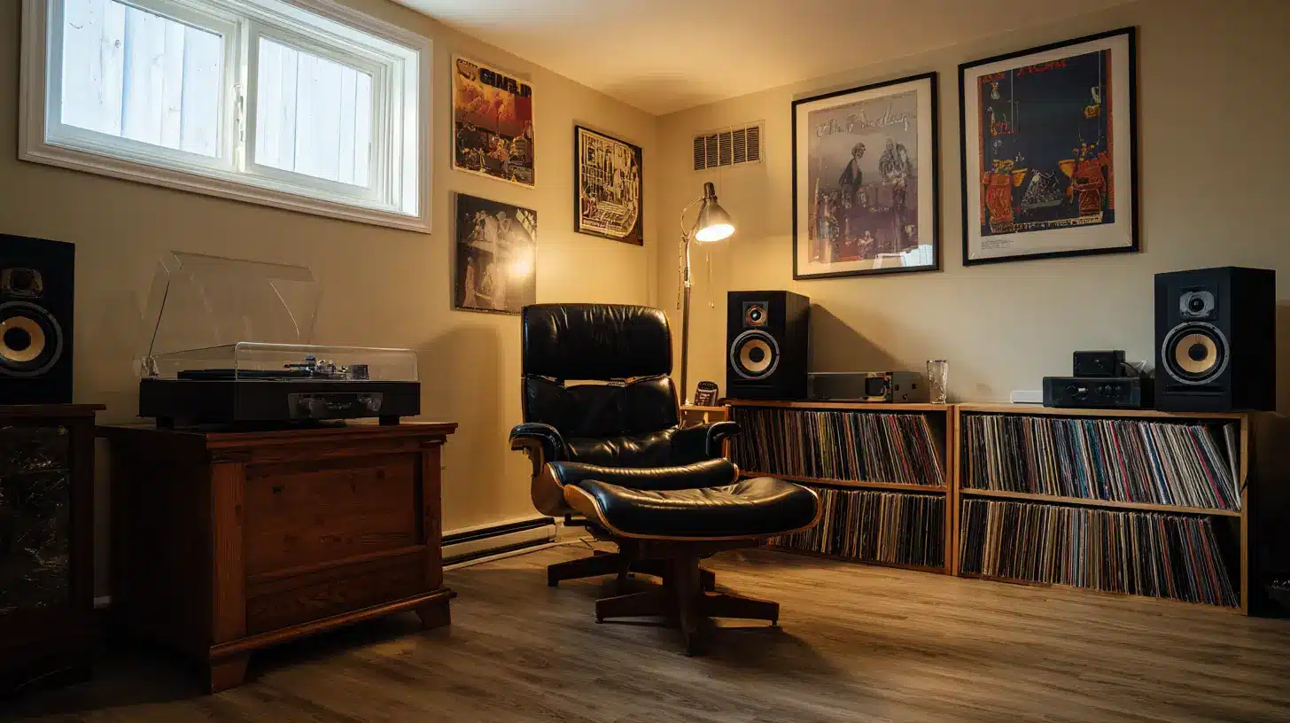 Music themed man cave with a vinyl record collection turntable speakers and leather lounge chair