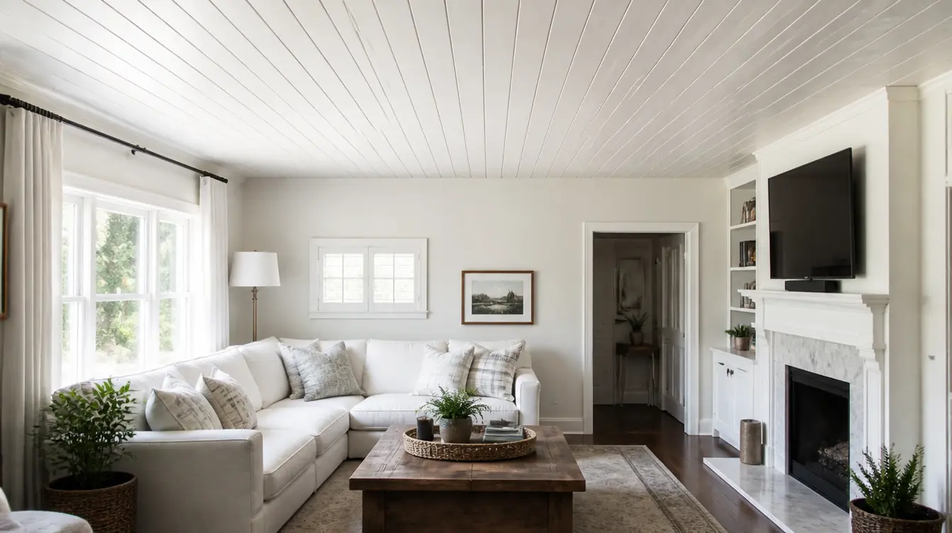 A cozy living room with a narrow white shiplap ceiling soft neutral walls large windows and simple wooden furniture