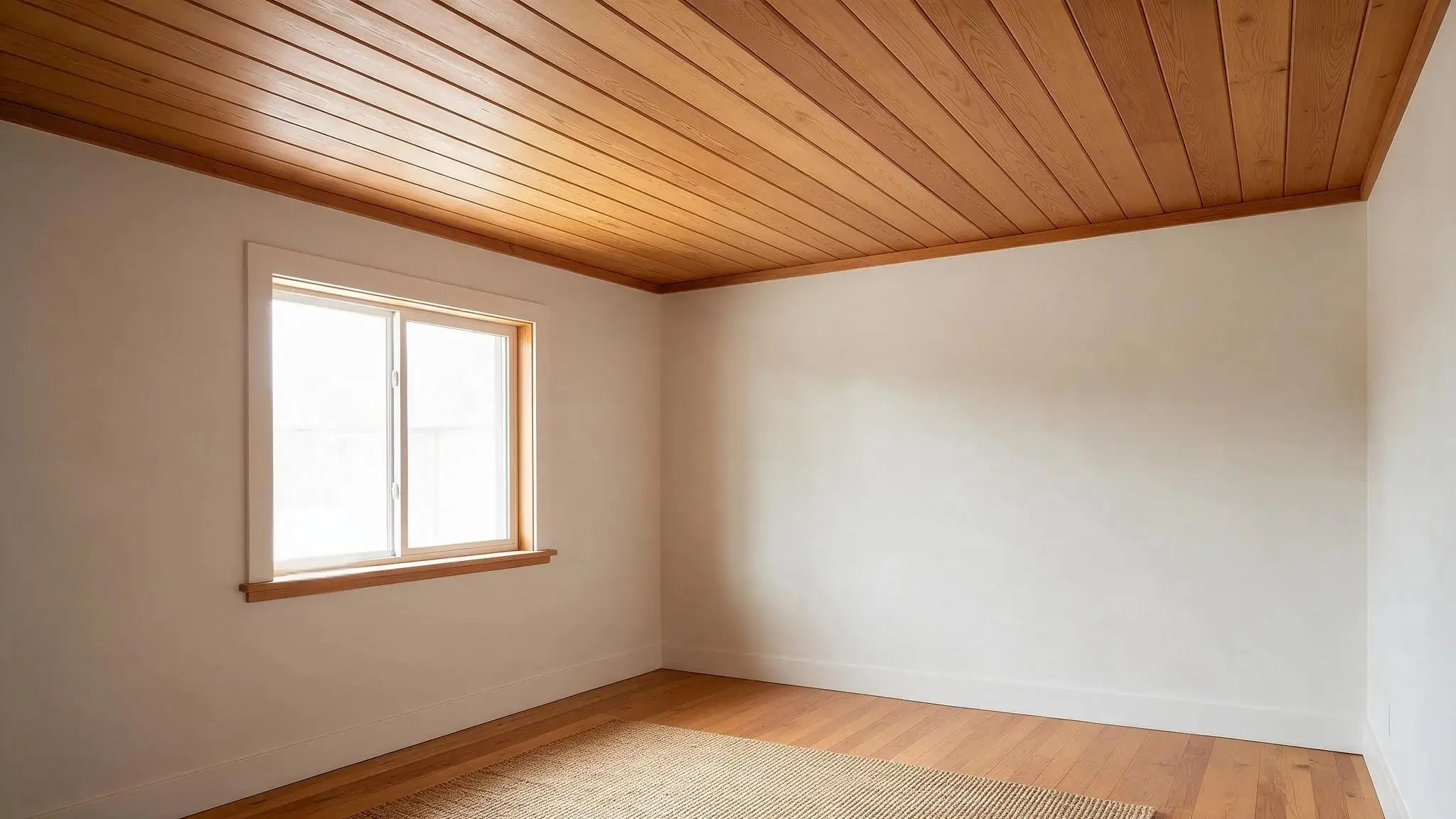 Natural wood shiplap ceiling in a bright room with white walls and hardwood flooring.