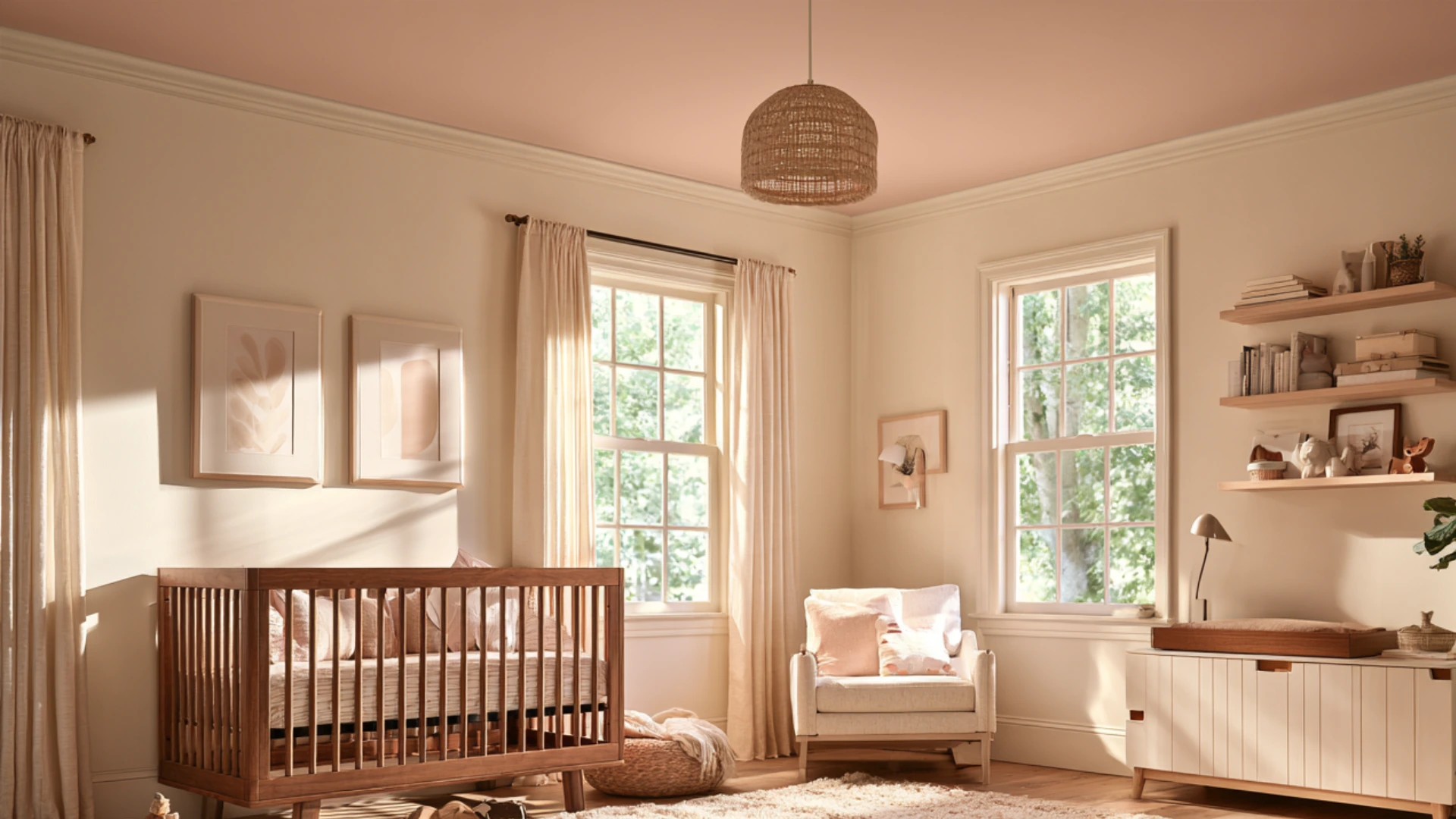 Warm nursery with soft peach ceiling wooden crib cream chair floating shelves and bright natural light.