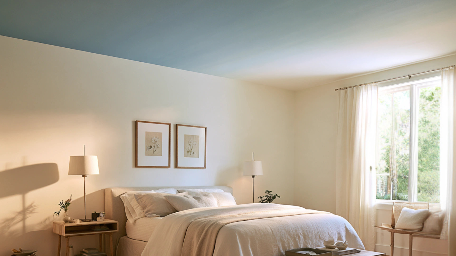 Bright bedroom with blue ombre ceiling cream walls neutral bedding wooden furniture and soft natural light.