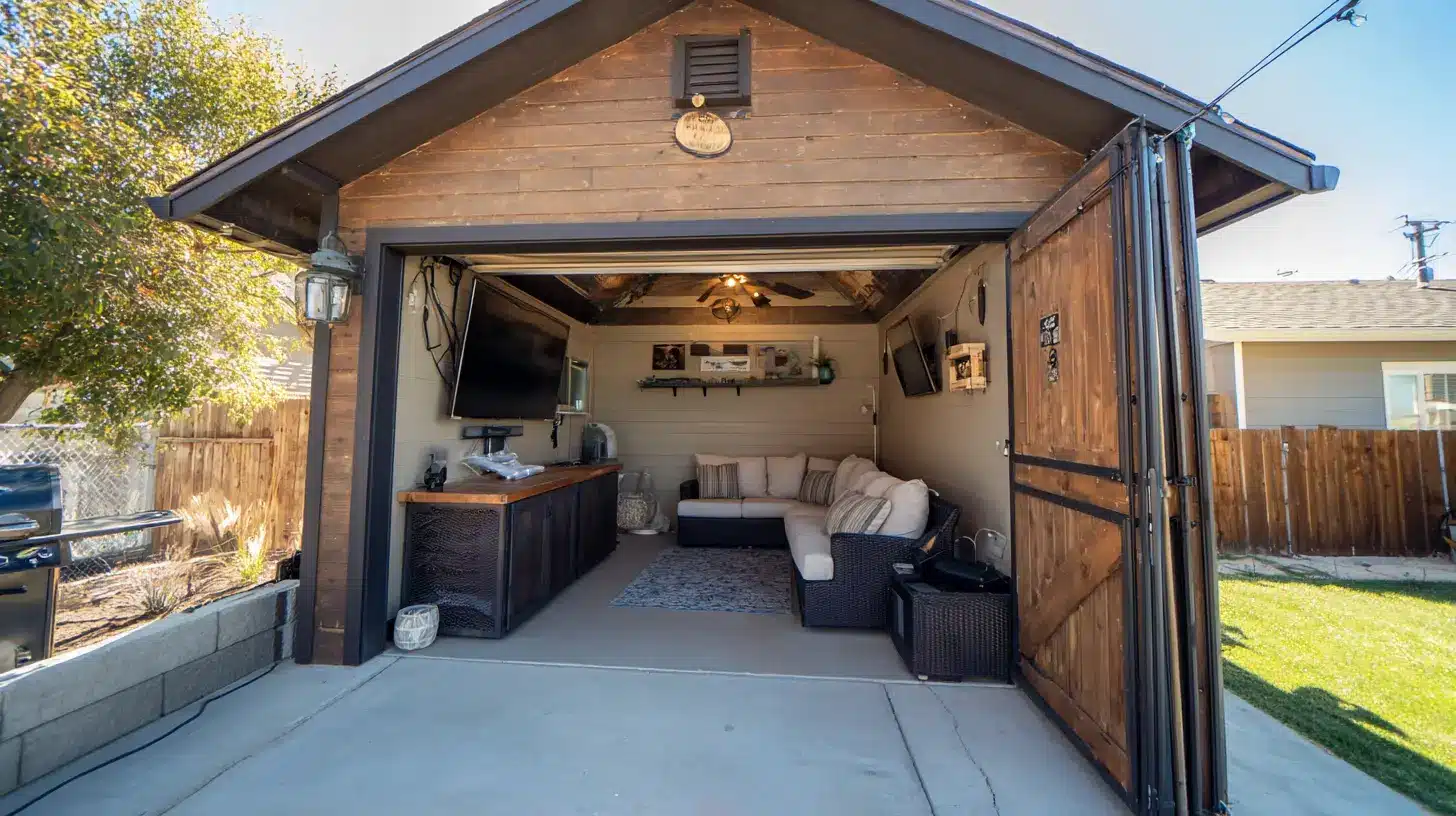 Outdoor man cave in a backyard shed with a bar TV sectional sofa and covered seating area