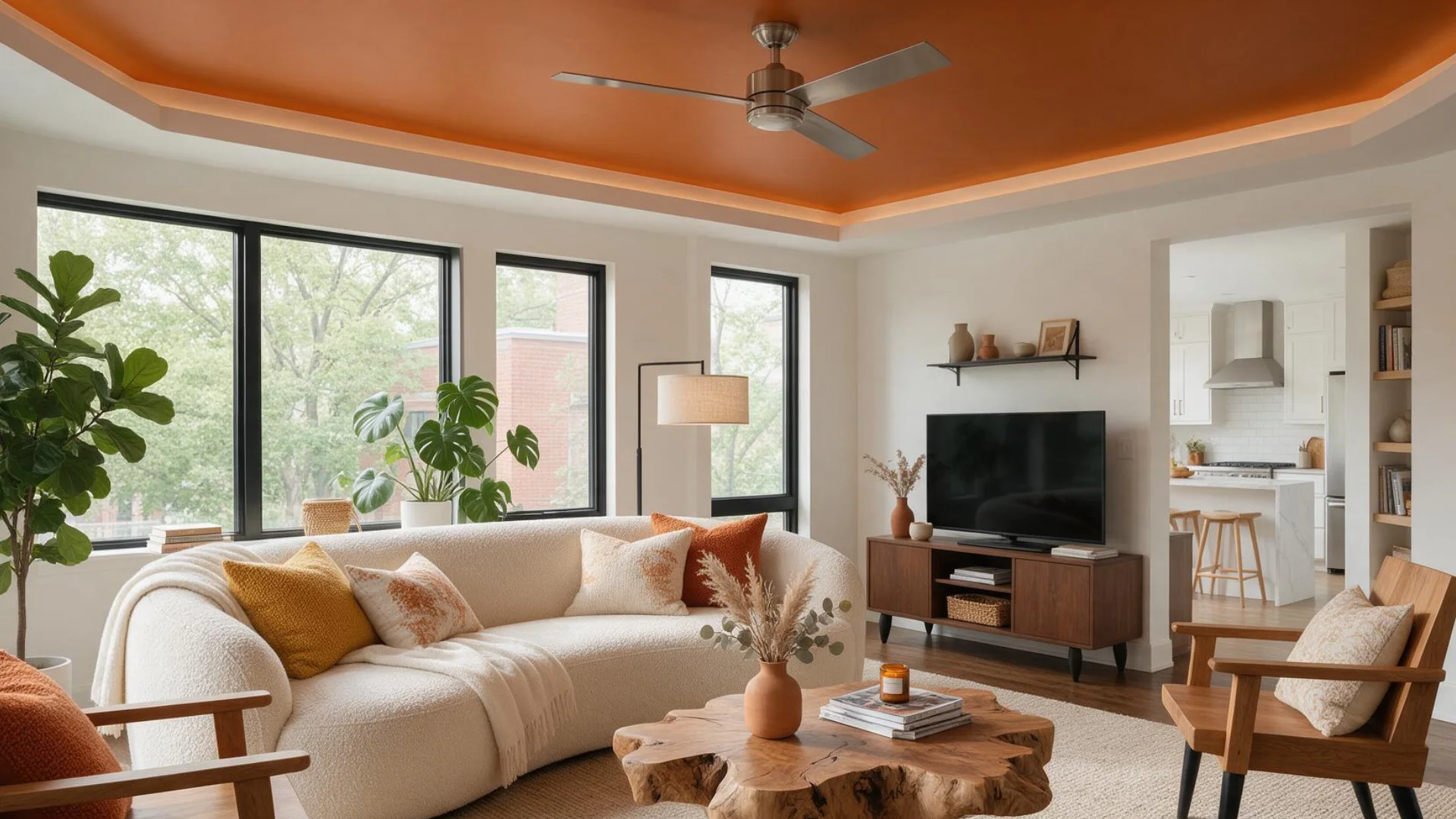 Modern living room with burnt orange tray ceiling cream sofa wooden furniture large windows and green plants.