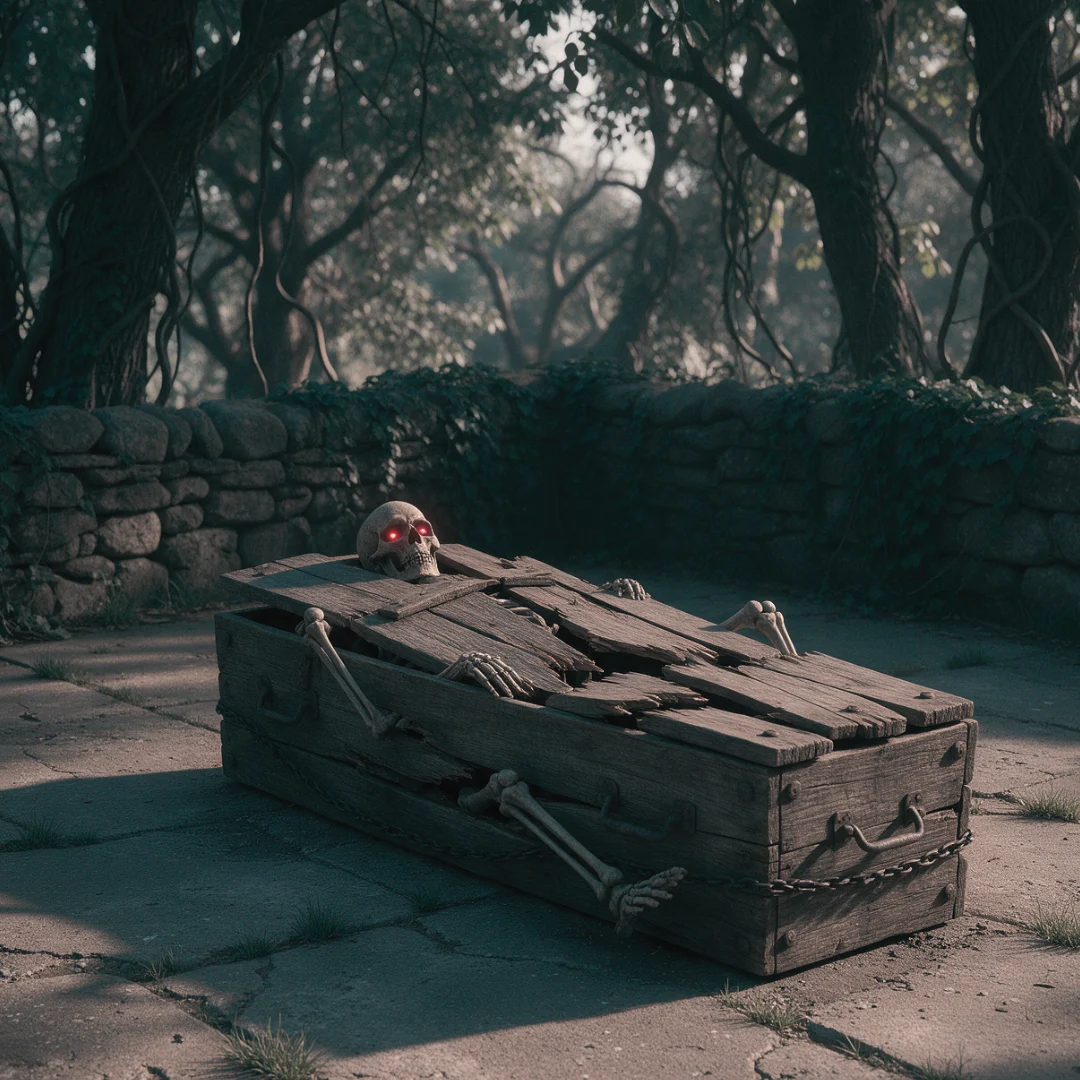 Halloween pallet coffin made from weathered wood, with a skeleton rising from broken boards in a dark, eerie outdoor setting.