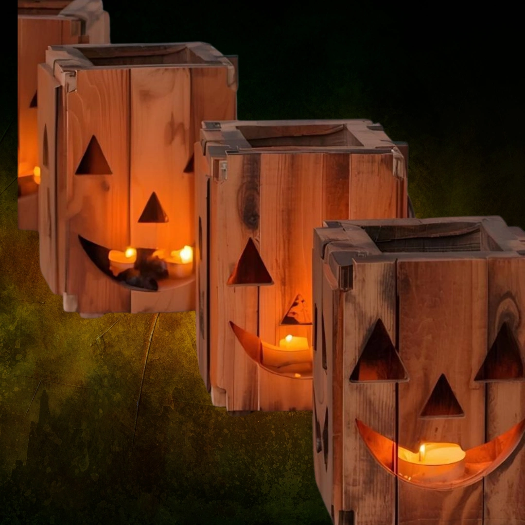 Rustic wooden jack-o’-lanterns with carved faces glowing from candles, arranged against a dark Halloween background.