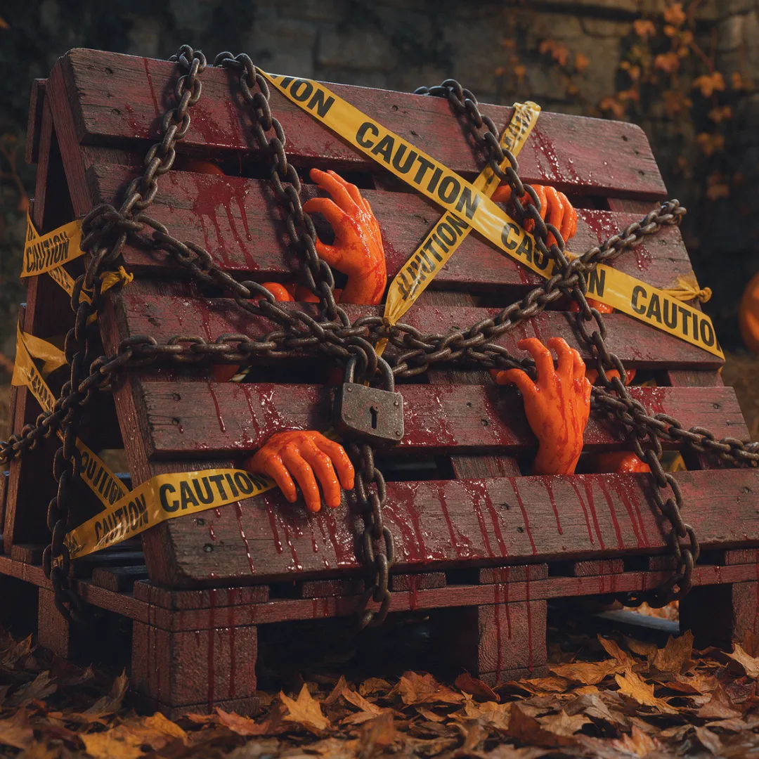 Halloween pallet zombie pit with chained wood boards, caution tape, bloody details, and zombie hands reaching through the gaps.