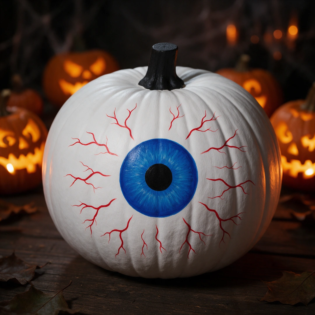 White pumpkin painted as a bloodshot eyeball with a blue iris and red veins.