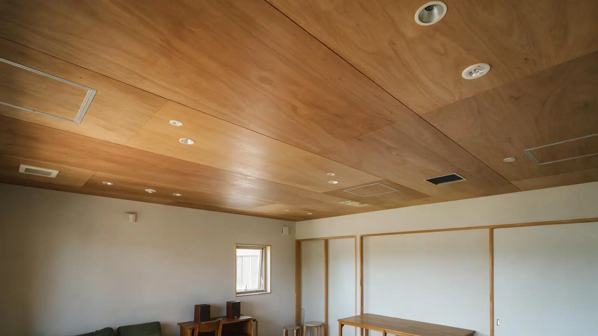 A room interior with a plywood ceiling fitted with recessed lights, white walls, a small window, and wooden furniture along the walls.