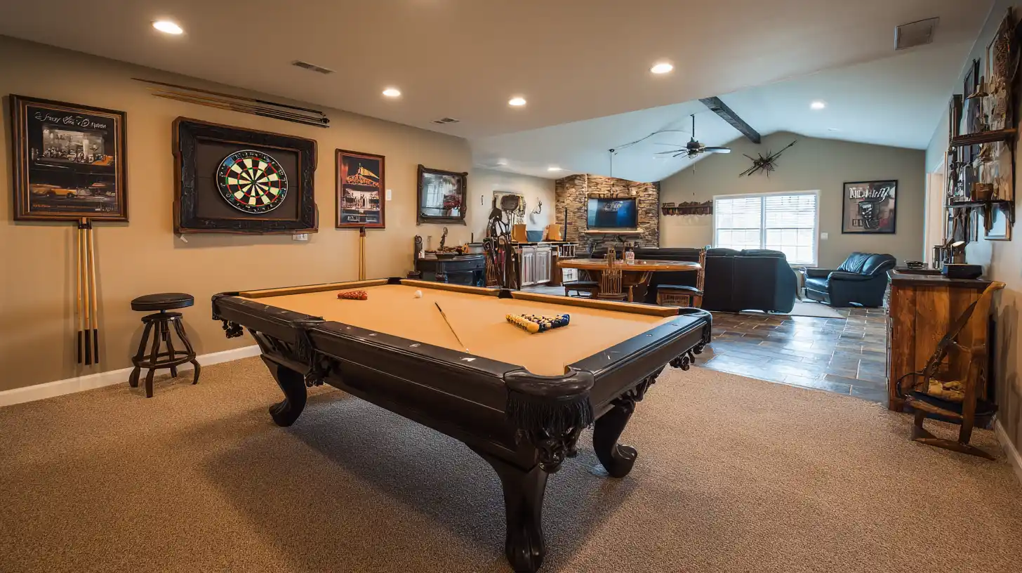 Pool table game room with a billiards table dartboard TV and comfortable seating