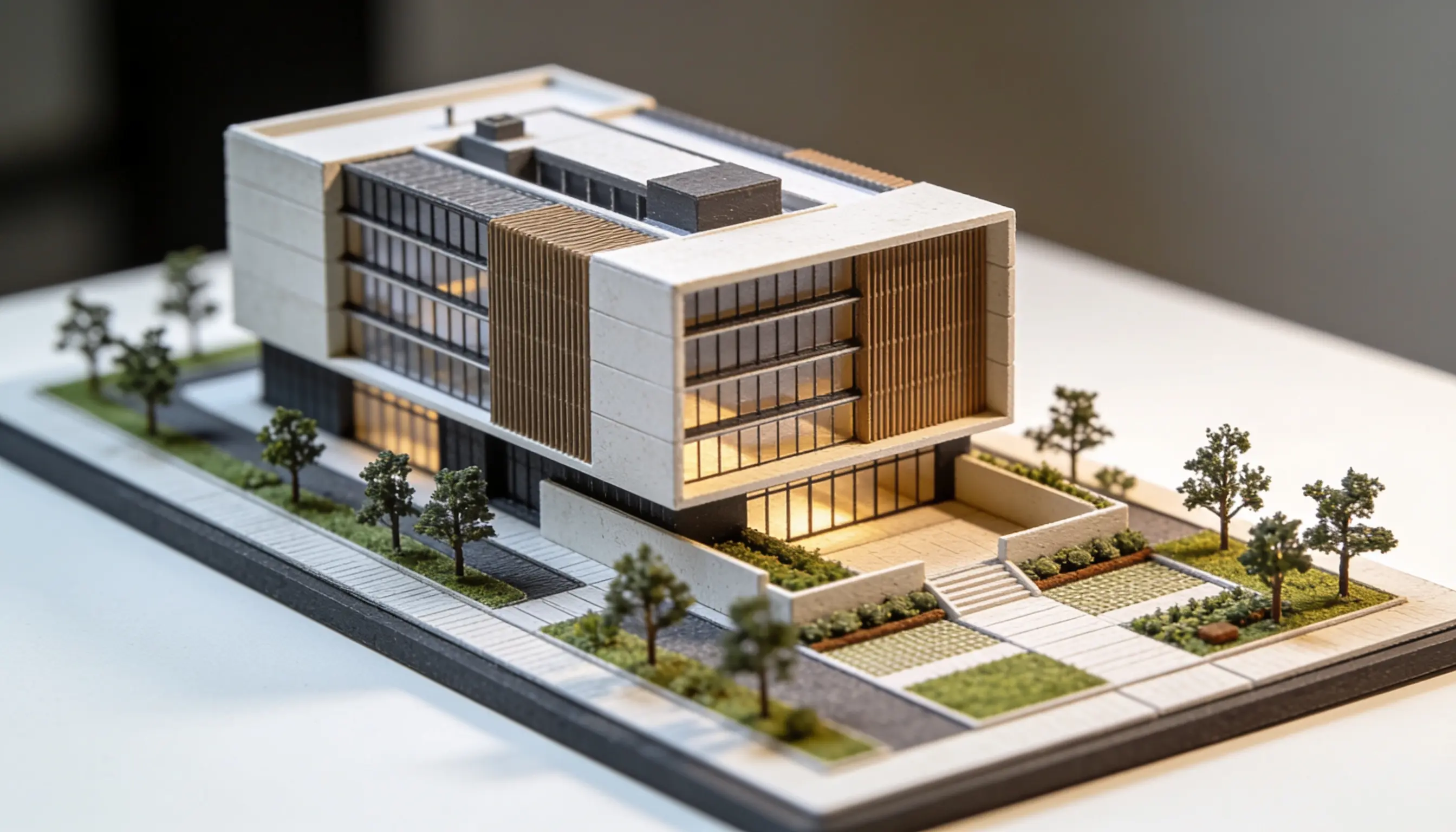 A detailed model of a modern building displayed on a pedestal, showcasing its architectural design and features.