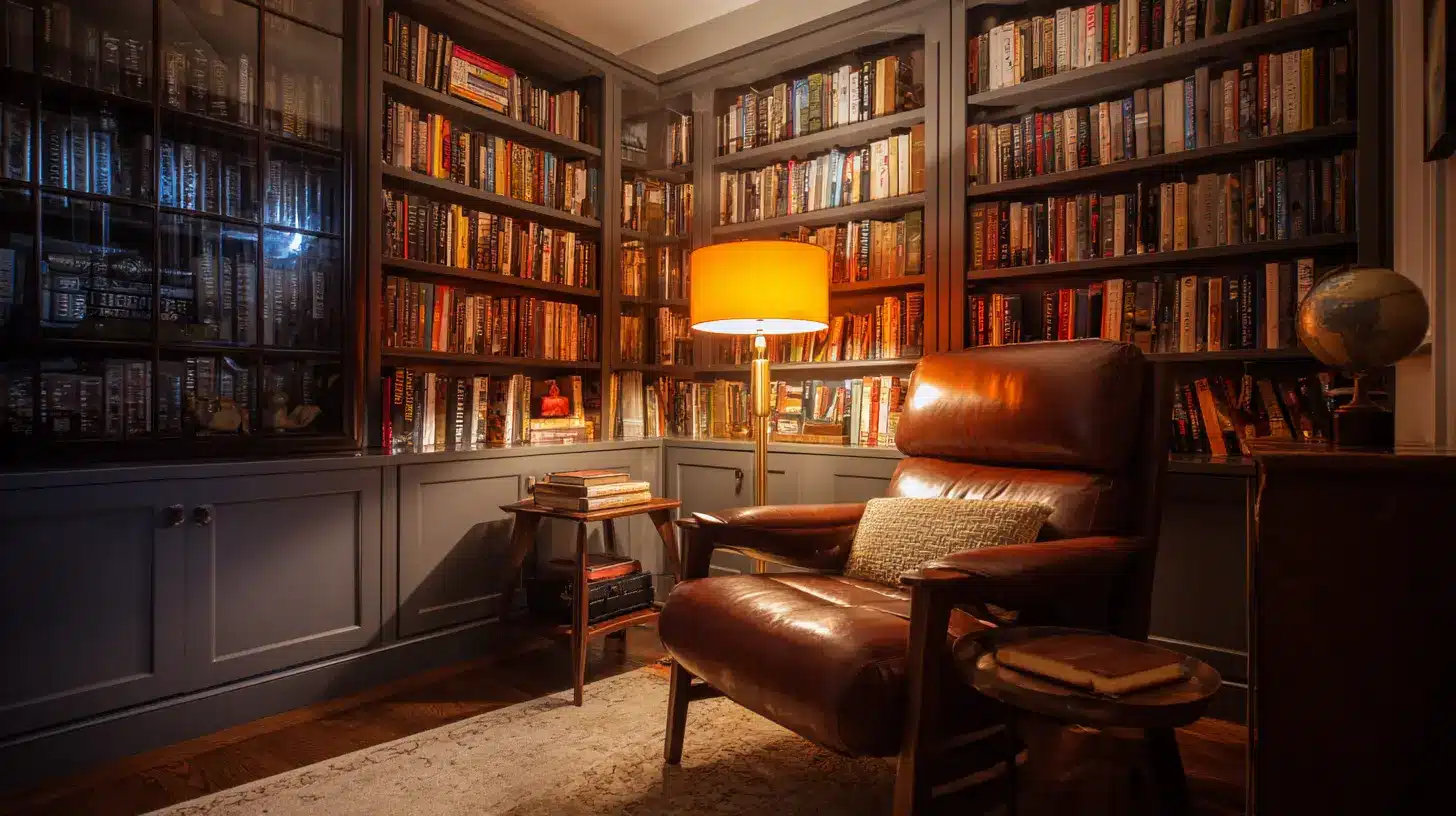 Cozy reading library man cave with floor to ceiling bookshelves leather armchair warm lighting and wooden side tables