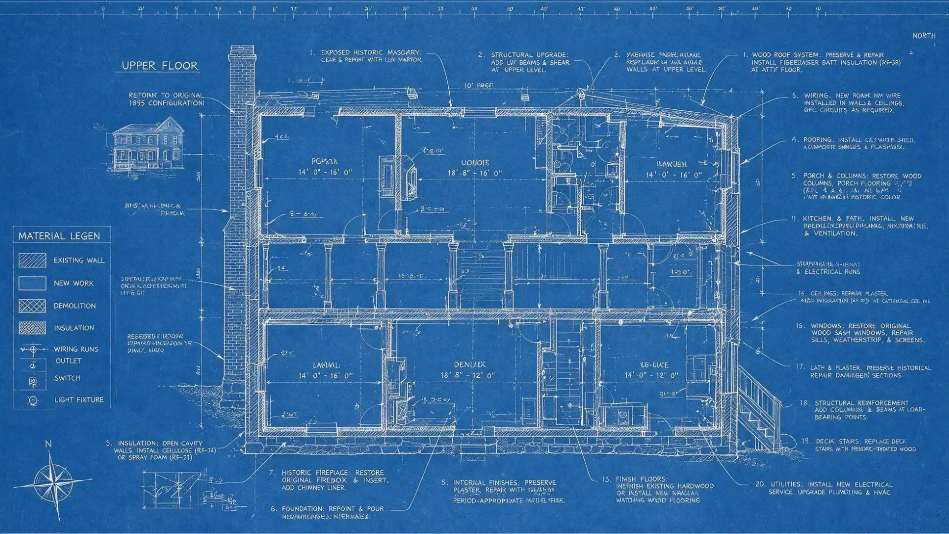 Historic renovation architectural blueprint showing a two story house with preservation notes structural upgrades materials and room layouts