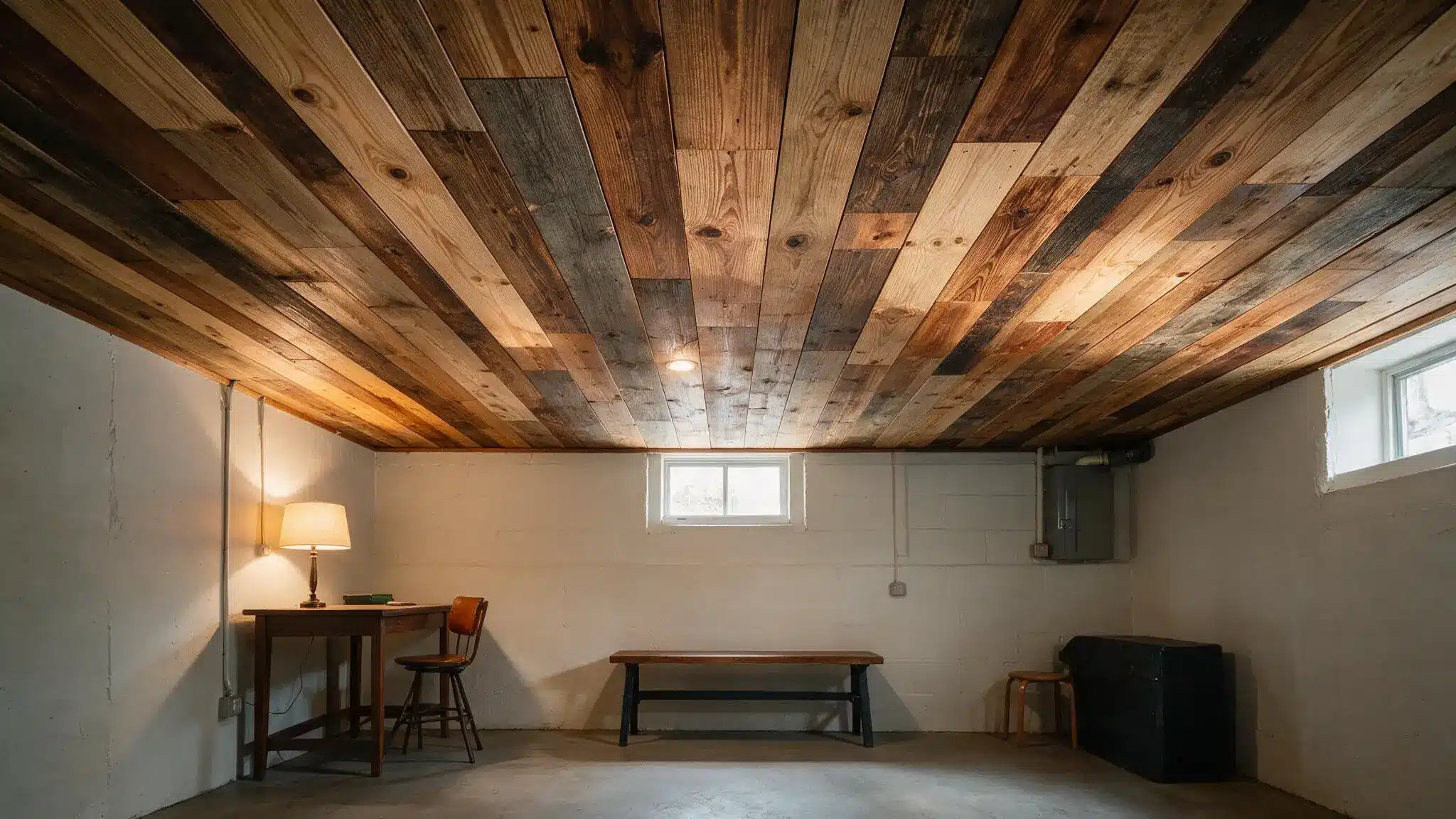 A basement room with a wood-plank ceiling, white walls, a desk with lamp and chair, a bench, and small high windows.