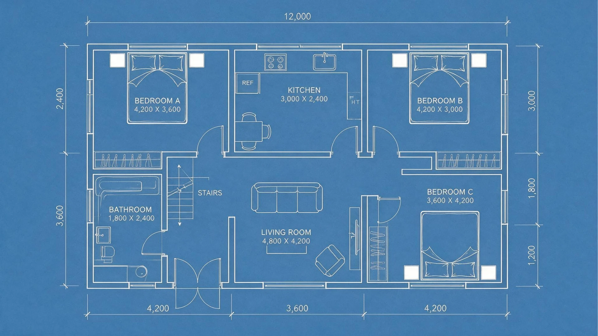 Residential architectural blueprint showing three bedrooms kitchen bathroom living room stairs furniture and detailed room dimensions.