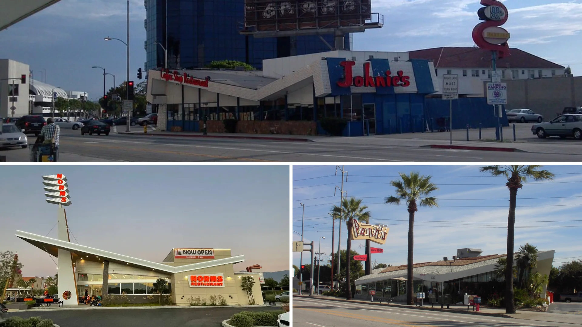 Collage of Googie roadside restaurants with bold signs sweeping rooflines palm trees and retro architecture.