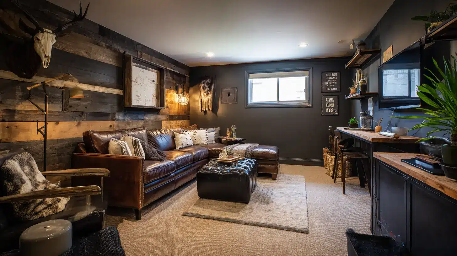 Rustic man cave with reclaimed wood walls leather sofa dark decor and home office area