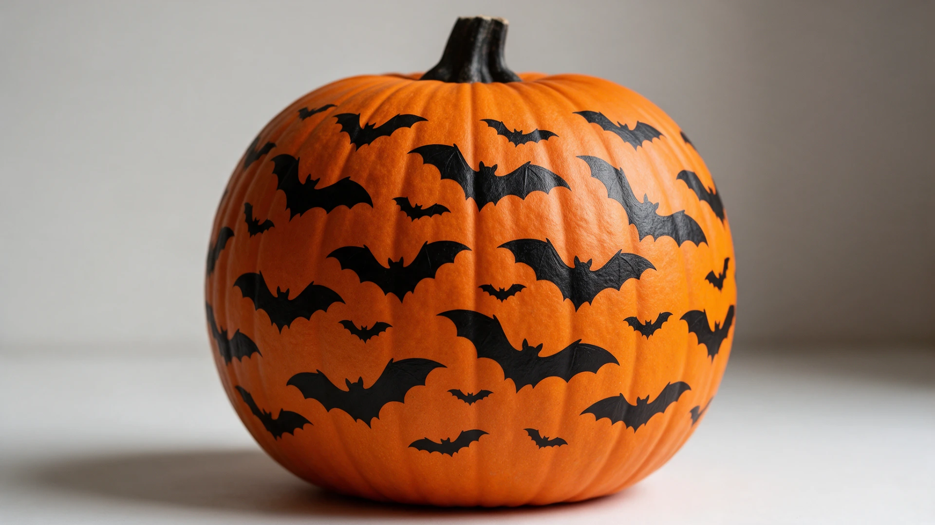 Bright orange pumpkin patterned with multiple painted black flying bats.