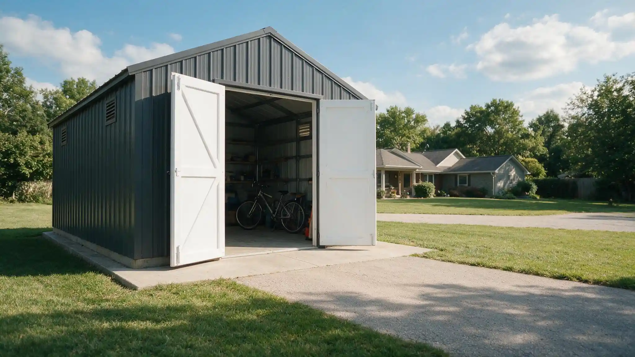 Gray metal backyard shed with open white double doors bicycles inside and a suburban house and lawn in the background