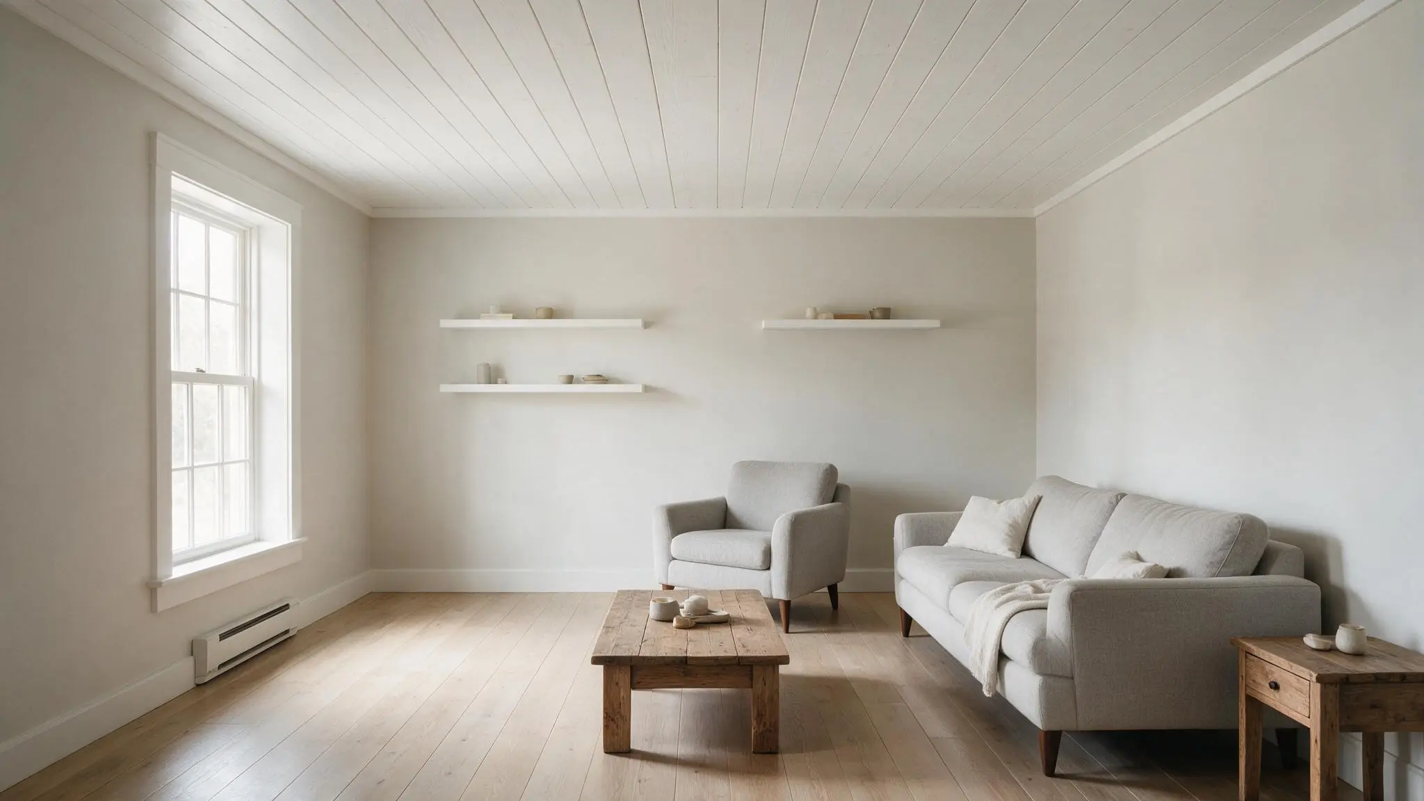 A bright minimalist living room with a white shiplap ceiling soft neutral walls light wood flooring simple floating shelves and neutral upholstered seating