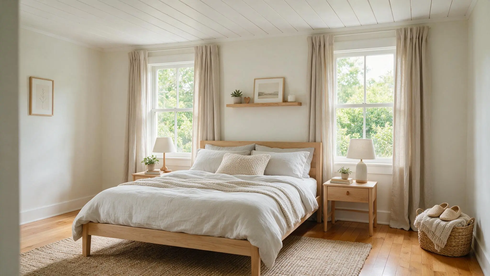 A cozy bedroom with a white shiplap ceiling light wood flooring a natural wood bed soft neutral bedding and large windows