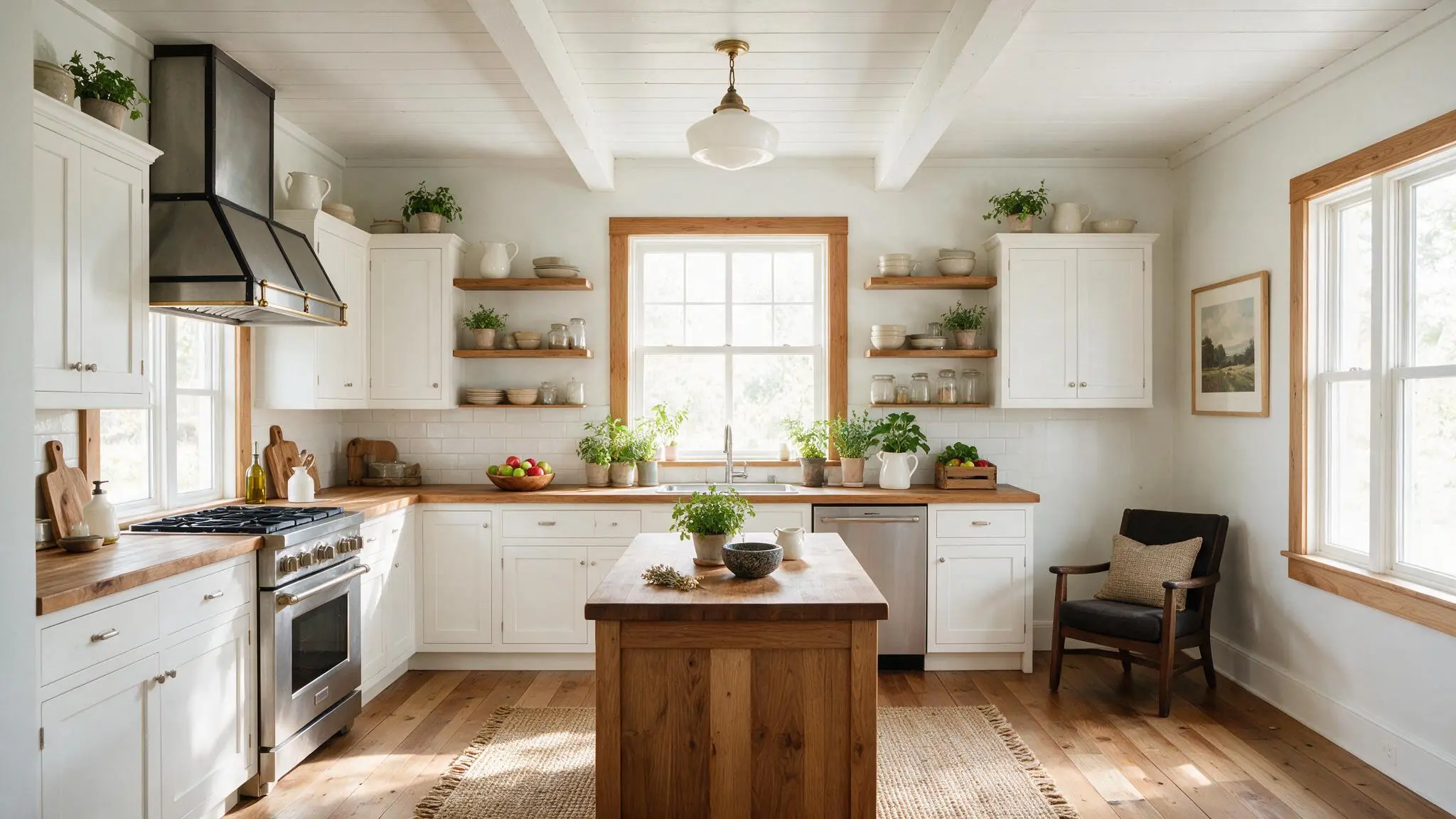 A bright farmhouse kitchen with a white shiplap ceiling white cabinets natural wood countertops open shelves and warm wood flooring