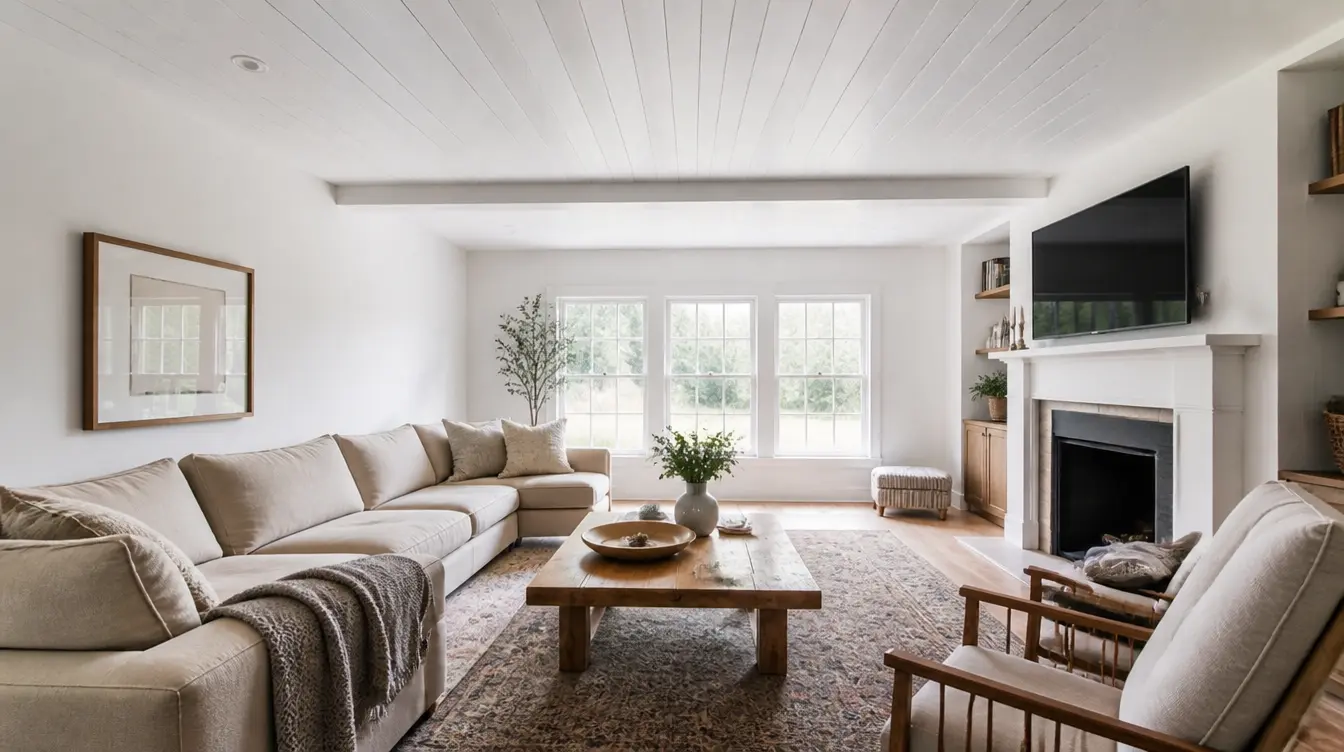 A bright living room with a white shiplap ceiling comfortable neutral seating a fireplace large windows and natural wood accents