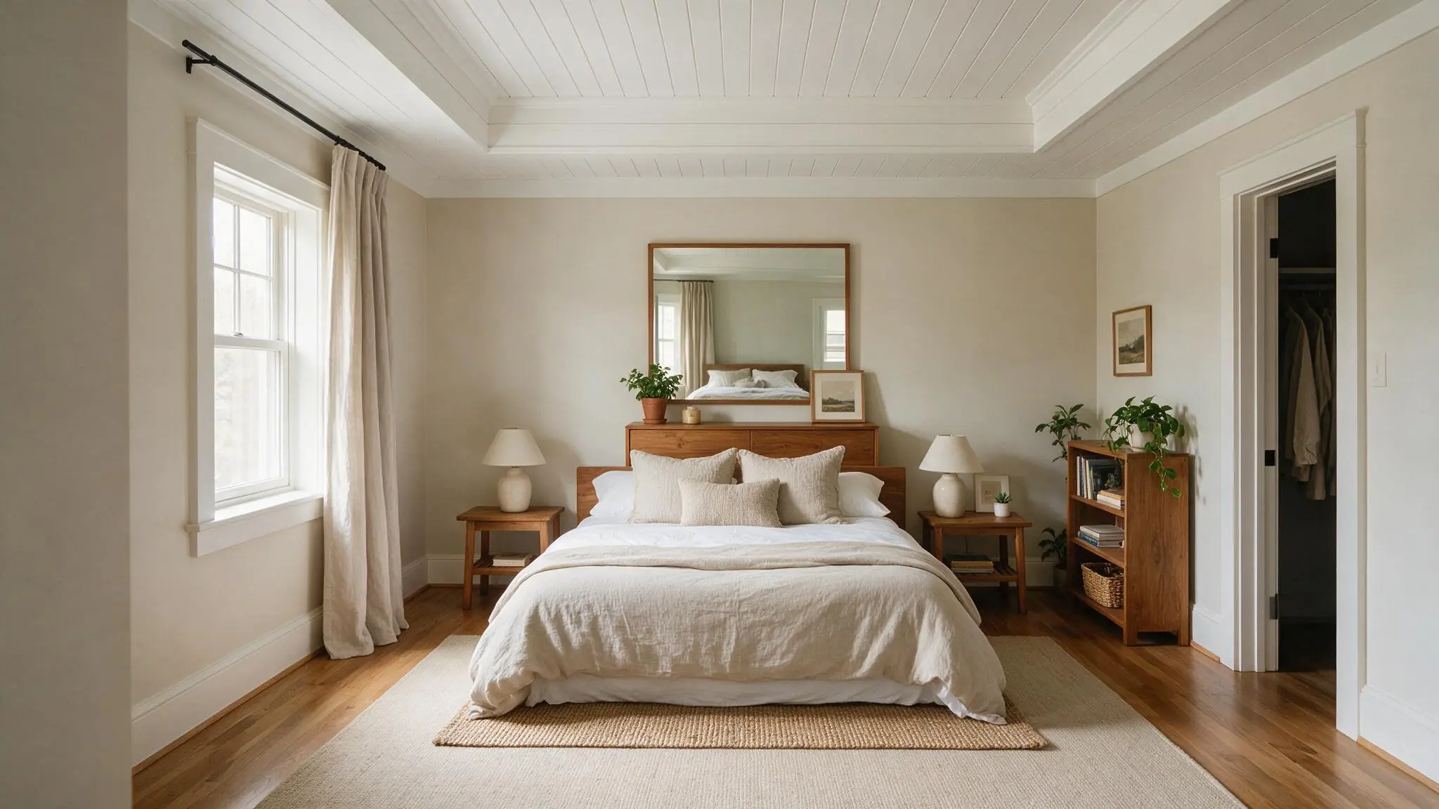 A peaceful sitting room with a white shiplap tray ceiling neutral walls large windows soft curtains and comfortable seating