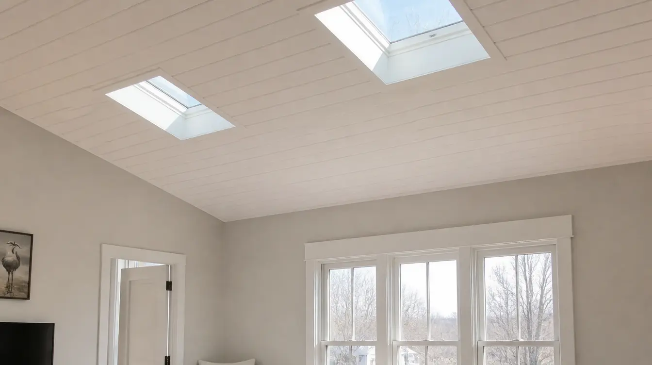 A bright room with a white shiplap ceiling skylights soft neutral walls and large windows that bring in plenty of natural light