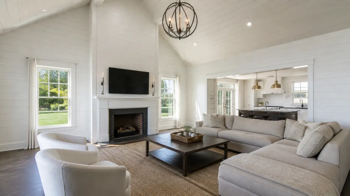 A spacious living room with a vaulted white shiplap ceiling exposed wood beams large windows neutral furniture and warm natural textures