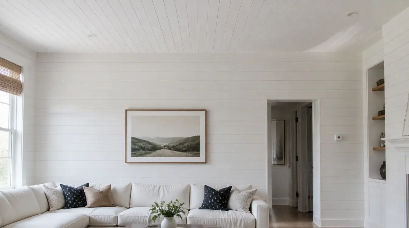 A bright living room with white shiplap extending from the walls onto the ceiling neutral furniture and natural wood accents