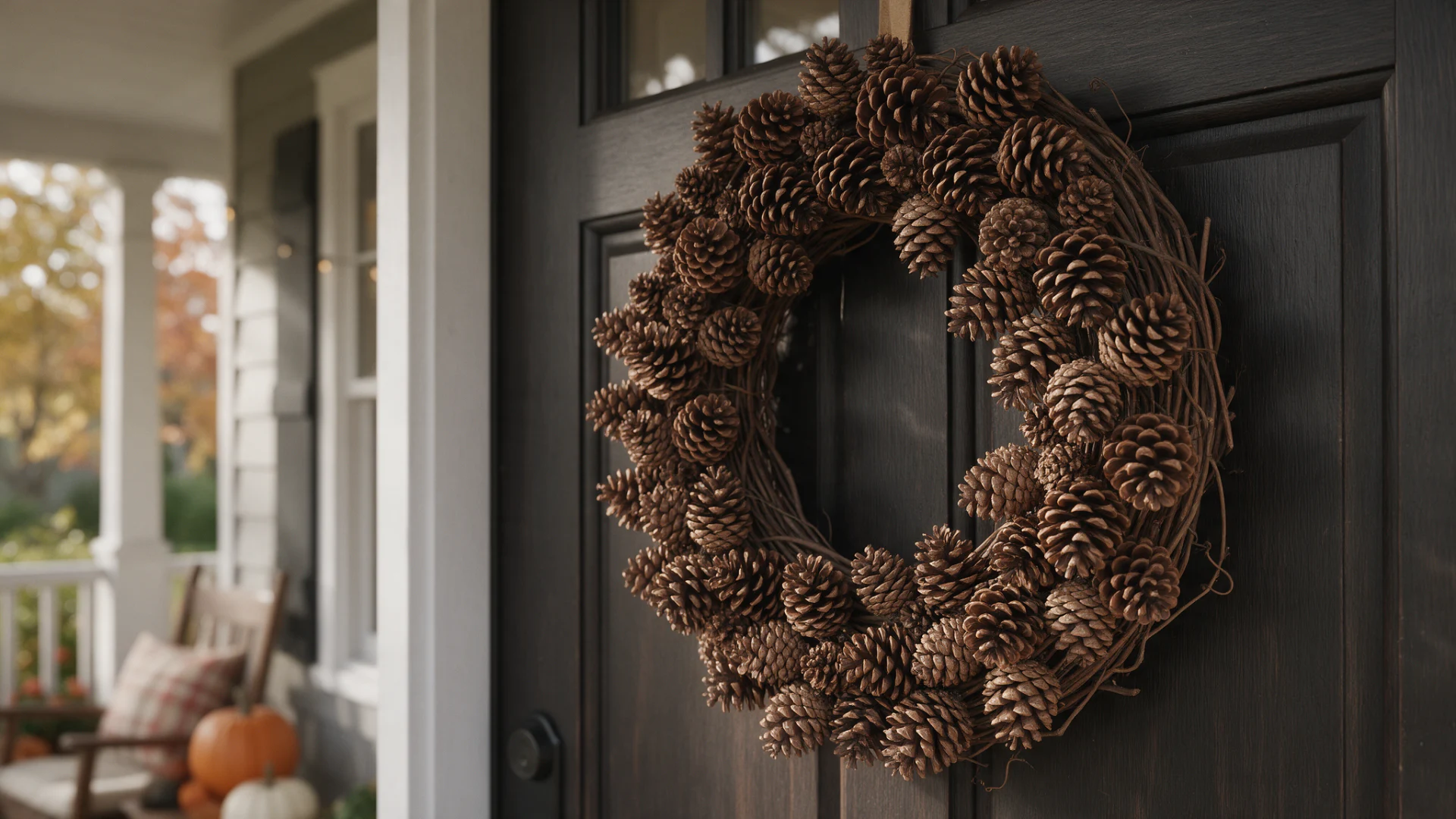 rustic pinecone wreath hanging on a dark wooden front door of a porch.