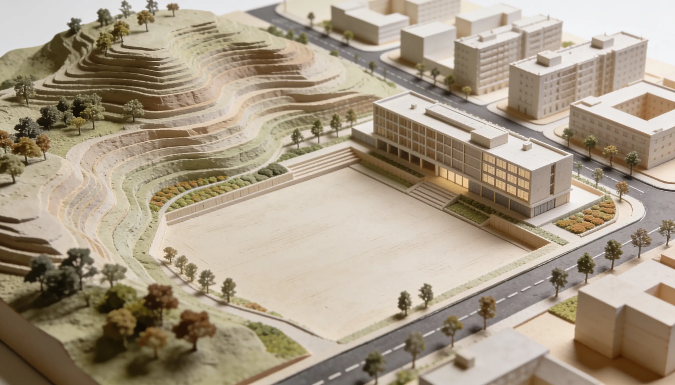 Architectural model showing a terraced, tree-covered hillside beside a large open plaza, a modern building, roads, and surrounding apartment blocks.