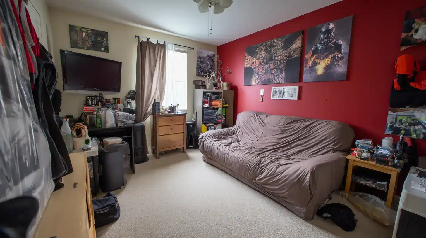 Small bedroom man cave with a sofa bed TV storage furniture and red accent wall