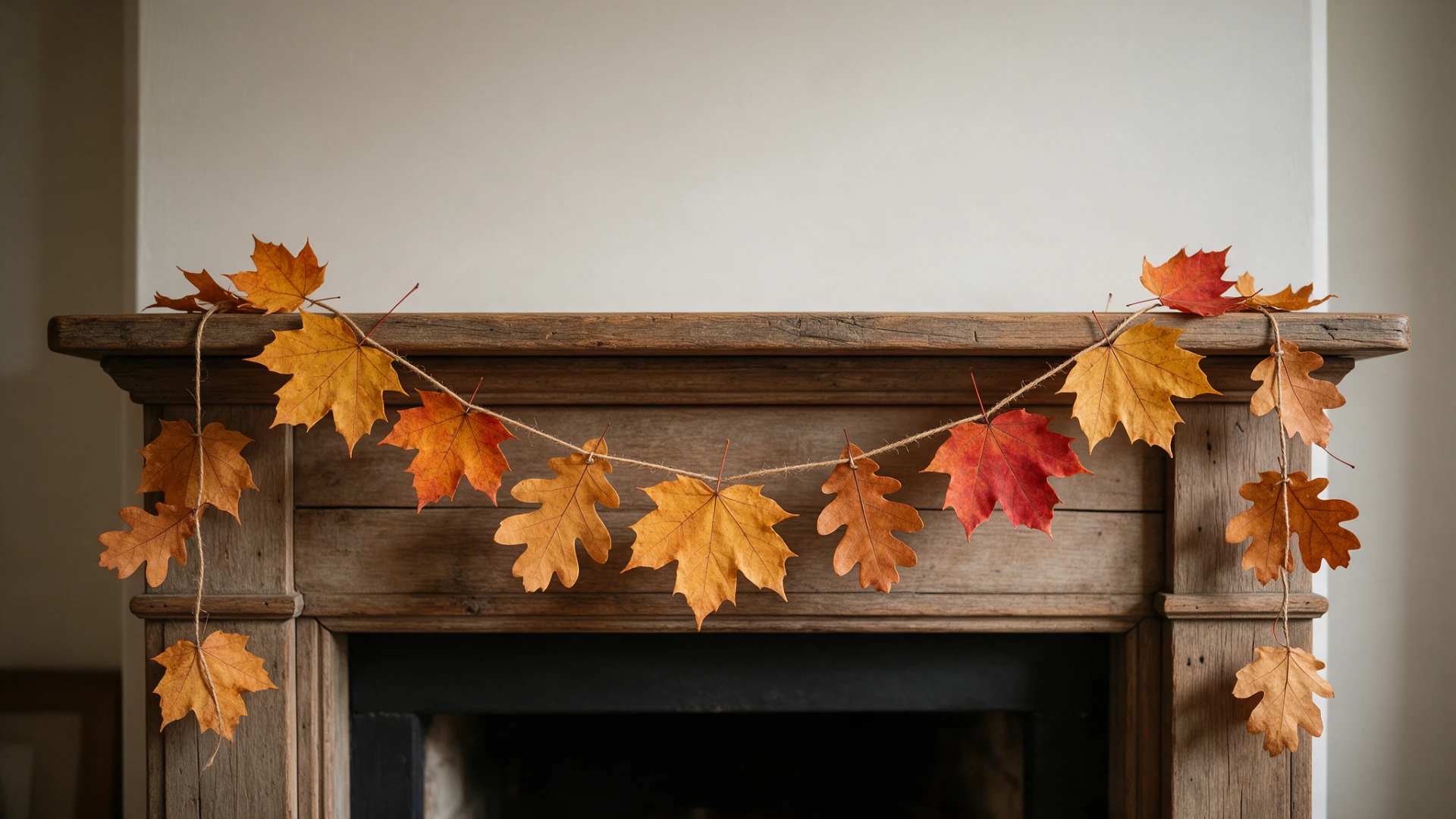 String garland of colorful autumn maple leaves hanging across a wooden fireplace mantle.