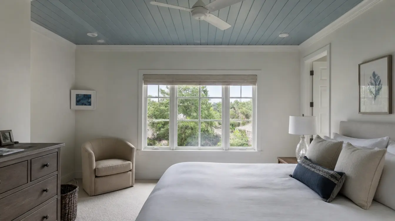A serene bedroom with a soft pastel blue shiplap ceiling neutral walls a comfortable bed and natural light from a large window